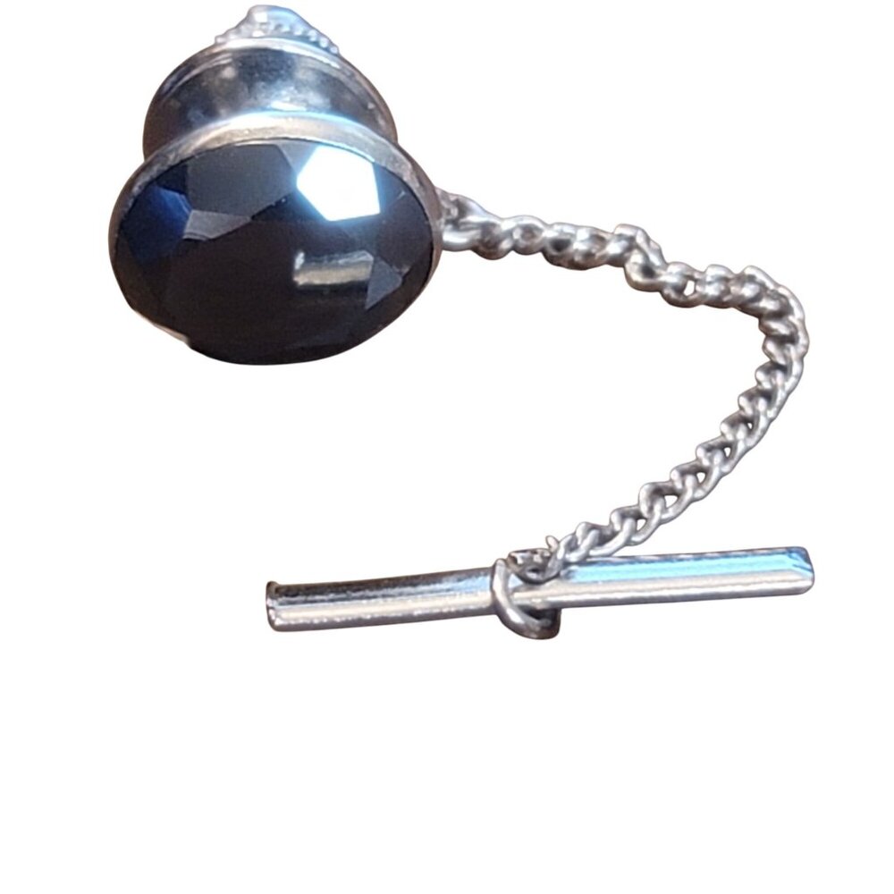 Vintage Silver Tone Black Faceted Oval Glass Tie Tack With Chain & Bar